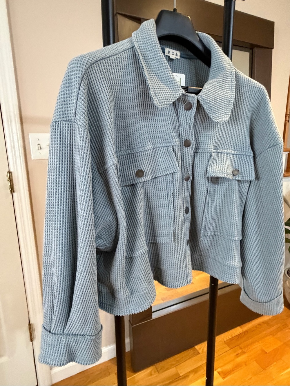 POL Women's Waffle Knit Overshirt Jacket - Light Blue